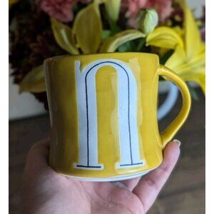 Anthropologie Coffee Mug Initials Letter N Monogram Yellow Hand Painted